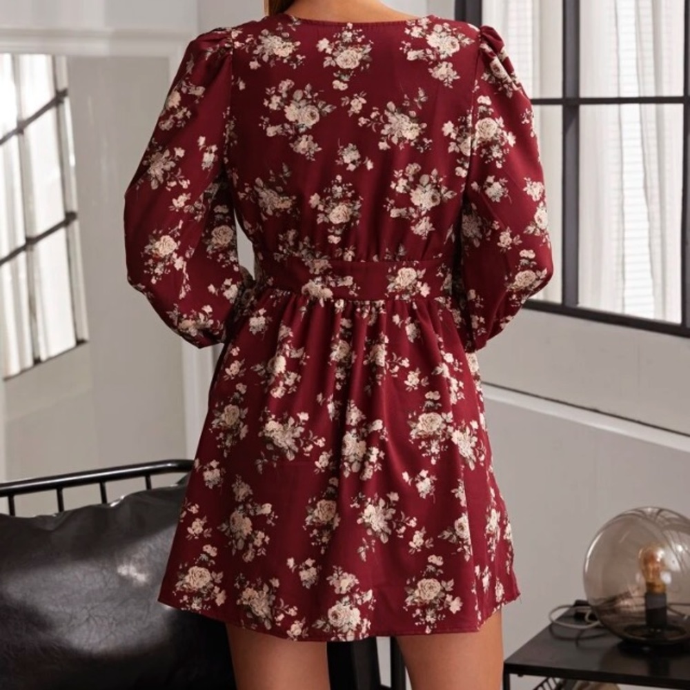 Long Sleeve Red Flower Dress - Picture 7 of 12